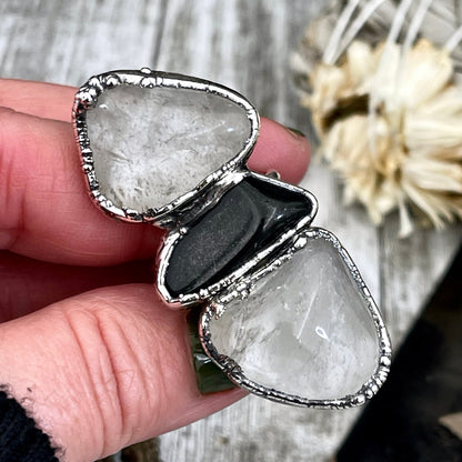 Size 8.5 Crystal Ring - Three Stone Black Onyx Clear Quartz Ring in Silver / Foxlark Collection - One of a Kind / Big Boho Crystal Jewelry