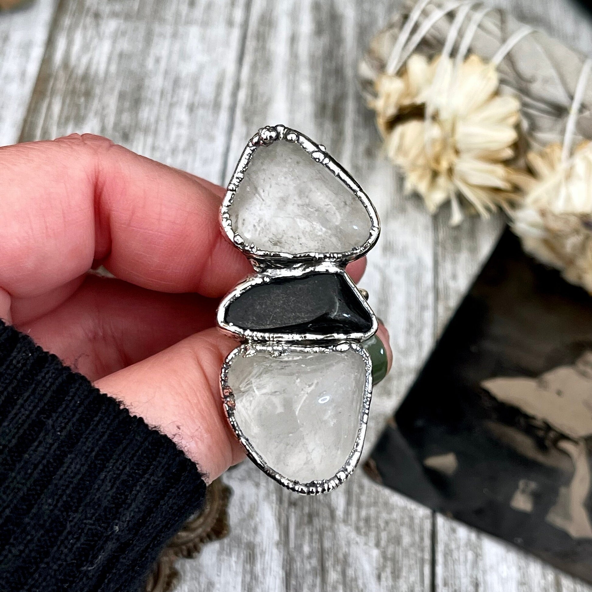 Size 8.5 Crystal Ring - Three Stone Black Onyx Clear Quartz Ring in Silver / Foxlark Collection - One of a Kind / Big Boho Crystal Jewelry