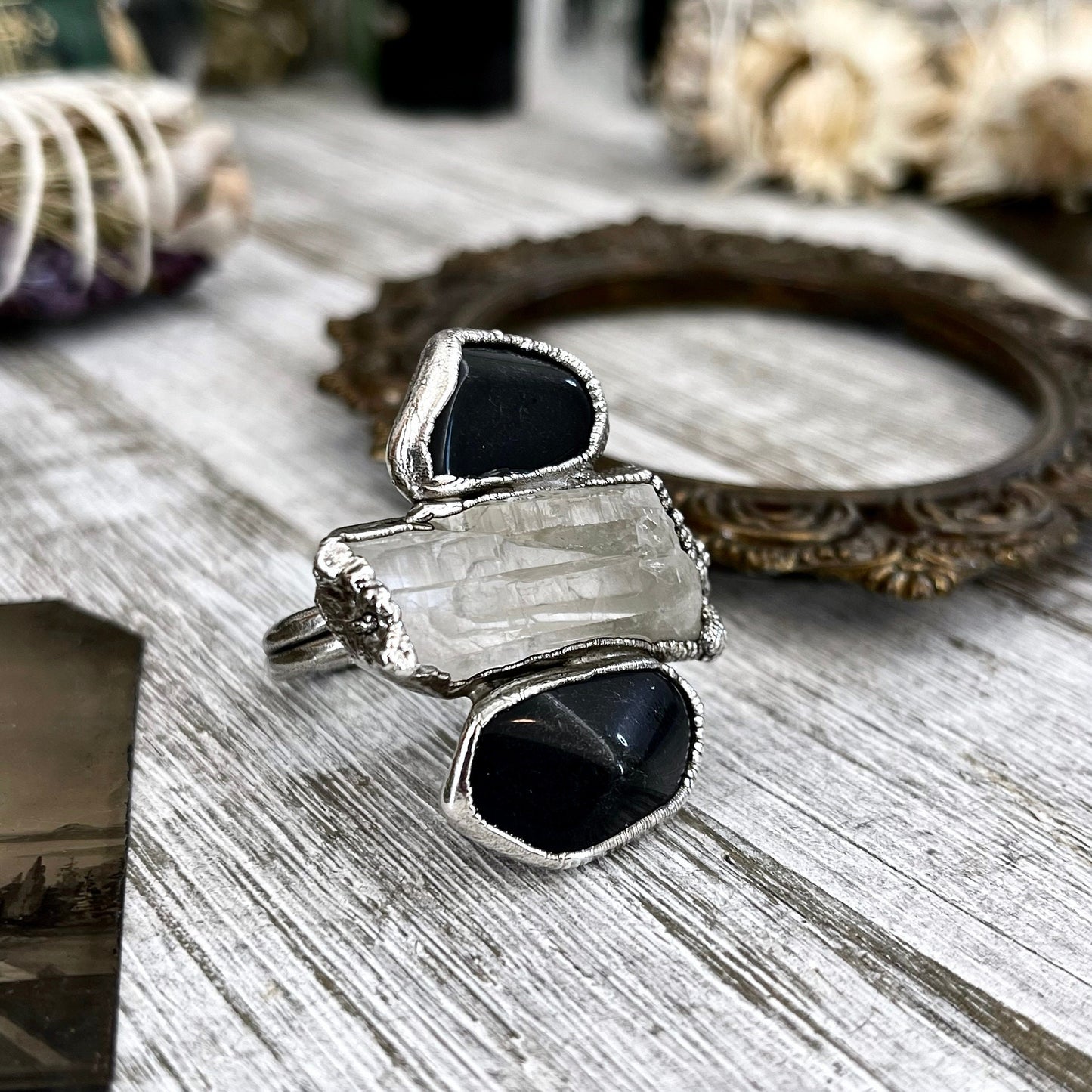 Size 10 Crystal Ring - Three Stone Ring Black Onyx Raw Clear Quartz Ring Silver / Foxlark Collection - One of a Kind / Big Crystal Jewelry