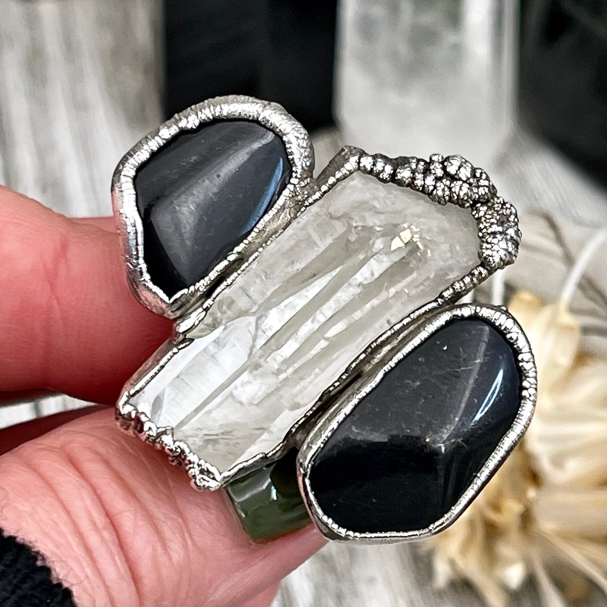 Size 10 Crystal Ring - Three Stone Ring Black Onyx Raw Clear Quartz Ring Silver / Foxlark Collection - One of a Kind / Big Crystal Jewelry