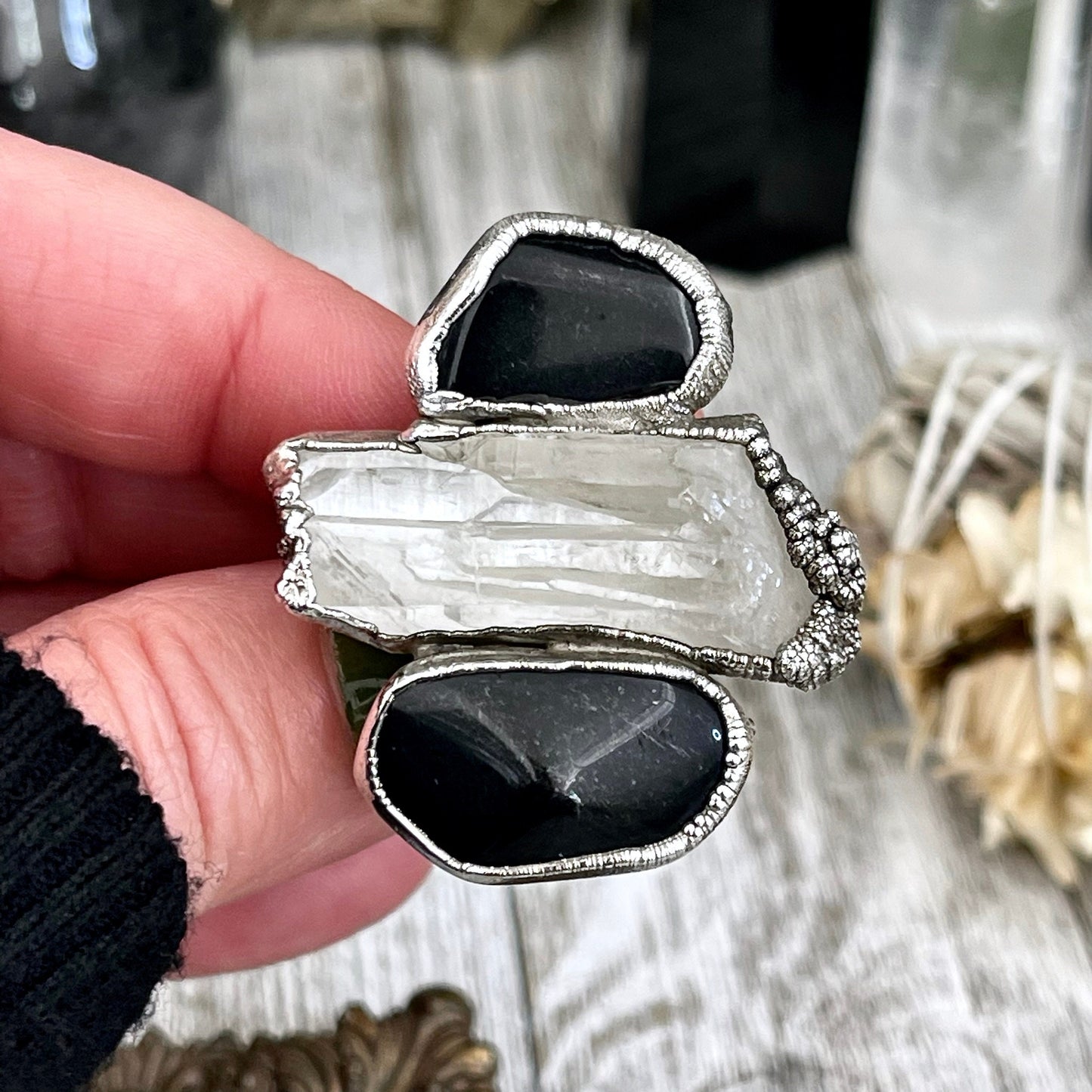 Size 10 Crystal Ring - Three Stone Ring Black Onyx Raw Clear Quartz Ring Silver / Foxlark Collection - One of a Kind / Big Crystal Jewelry