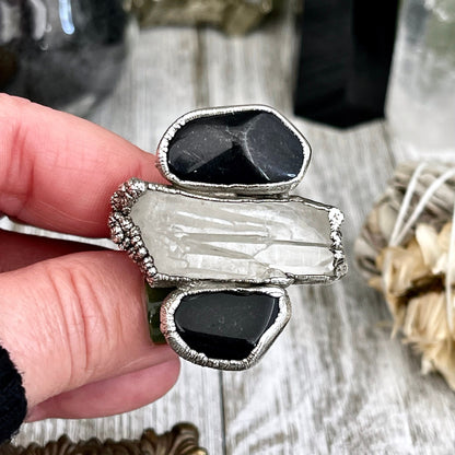 Size 10 Crystal Ring - Three Stone Ring Black Onyx Raw Clear Quartz Ring Silver / Foxlark Collection - One of a Kind / Big Crystal Jewelry