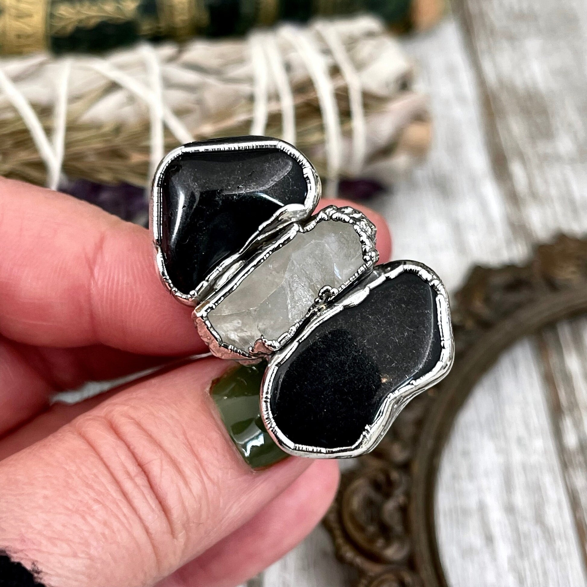 Size 8 Crystal Ring - Three Stone Black Onyx Clear Quartz Ring in Silver / Foxlark Collection - One of a Kind / Big Witchy Crystal Jewelry