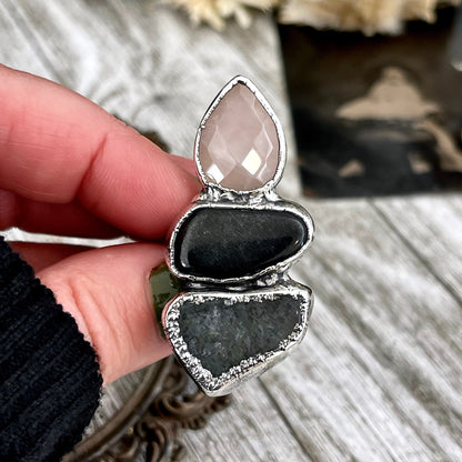 Size 6 Crystal Ring - Three Stone Ring Black Onyx Rose Quartz Moss Agate Ring Silver / Foxlark Collection - One of a Kind / Crystal Jewelry