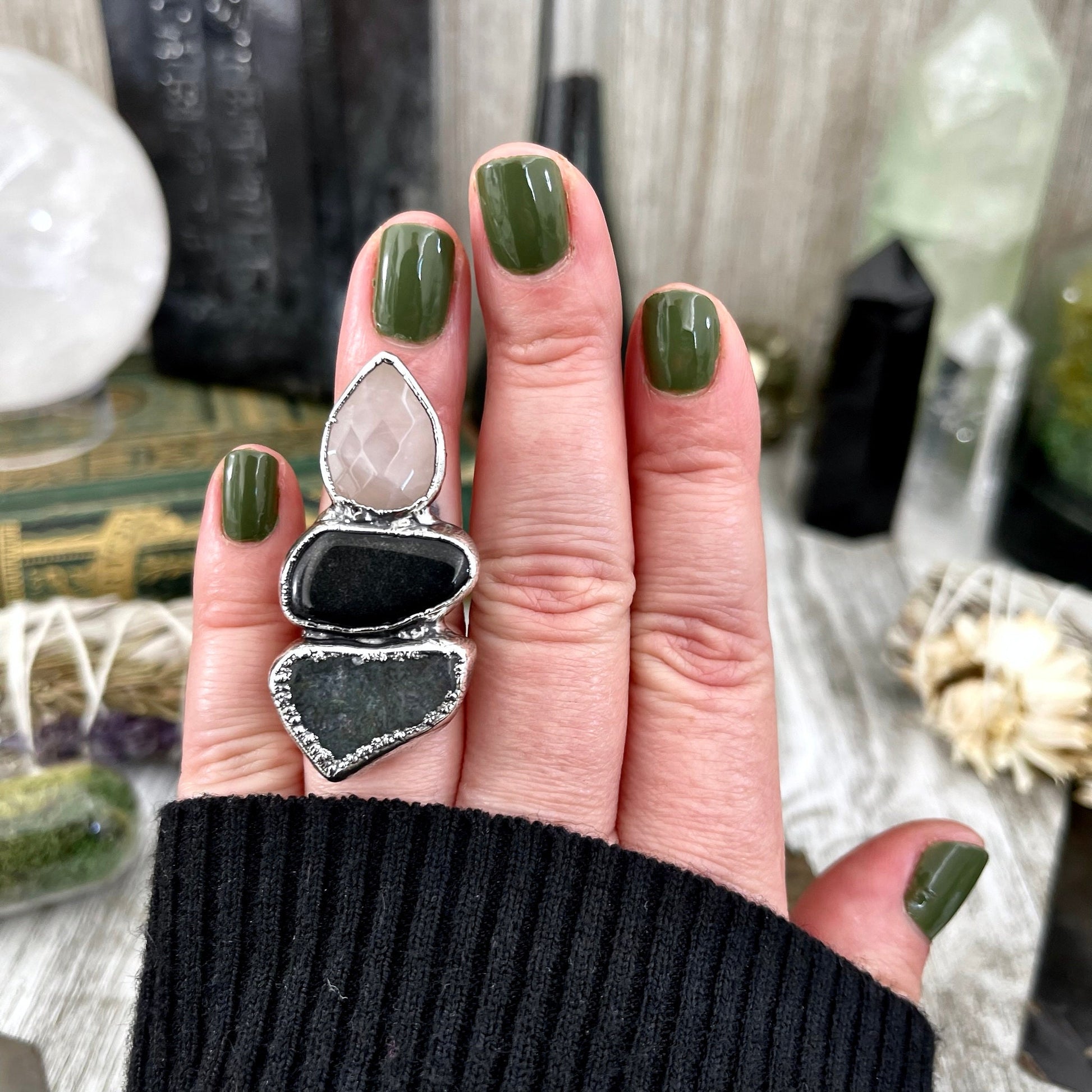 Size 6 Crystal Ring - Three Stone Ring Black Onyx Rose Quartz Moss Agate Ring Silver / Foxlark Collection - One of a Kind / Crystal Jewelry