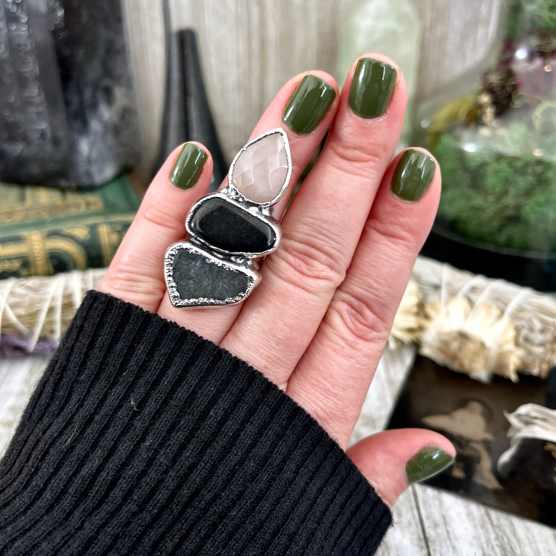 Size 6 Crystal Ring - Three Stone Ring Black Onyx Rose Quartz Moss Agate Ring Silver / Foxlark Collection - One of a Kind / Crystal Jewelry