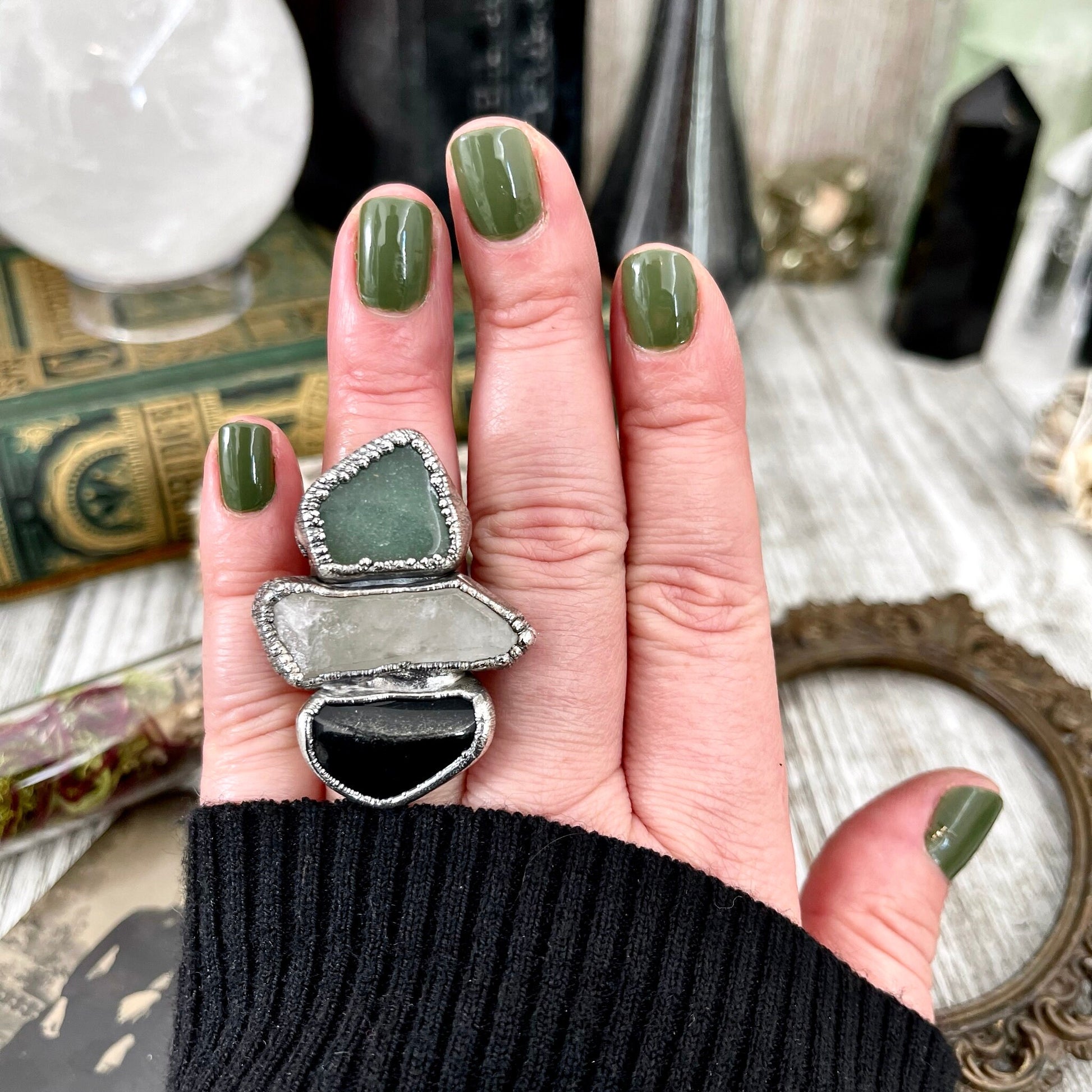 Size 7 Crystal Ring - Three Stone Black Onyx Aventurine Raw Quartz Ring in Silver / Foxlark Collection - One of a Kind / Crystal Jewelry