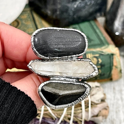 Size 9 Crystal Ring - Three Stone River Rock Raw Quartz Golden Sheen Obsidian Ring in Silver / Foxlark Collection - One of a Kind Jewelry