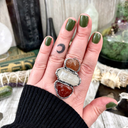 Size 8.5 Crystal Ring - Three Stone Ring Red Carnelian Clear Quartz Silver Ring / Foxlark Collection - One of a Kind / Big Crystal Jewelry