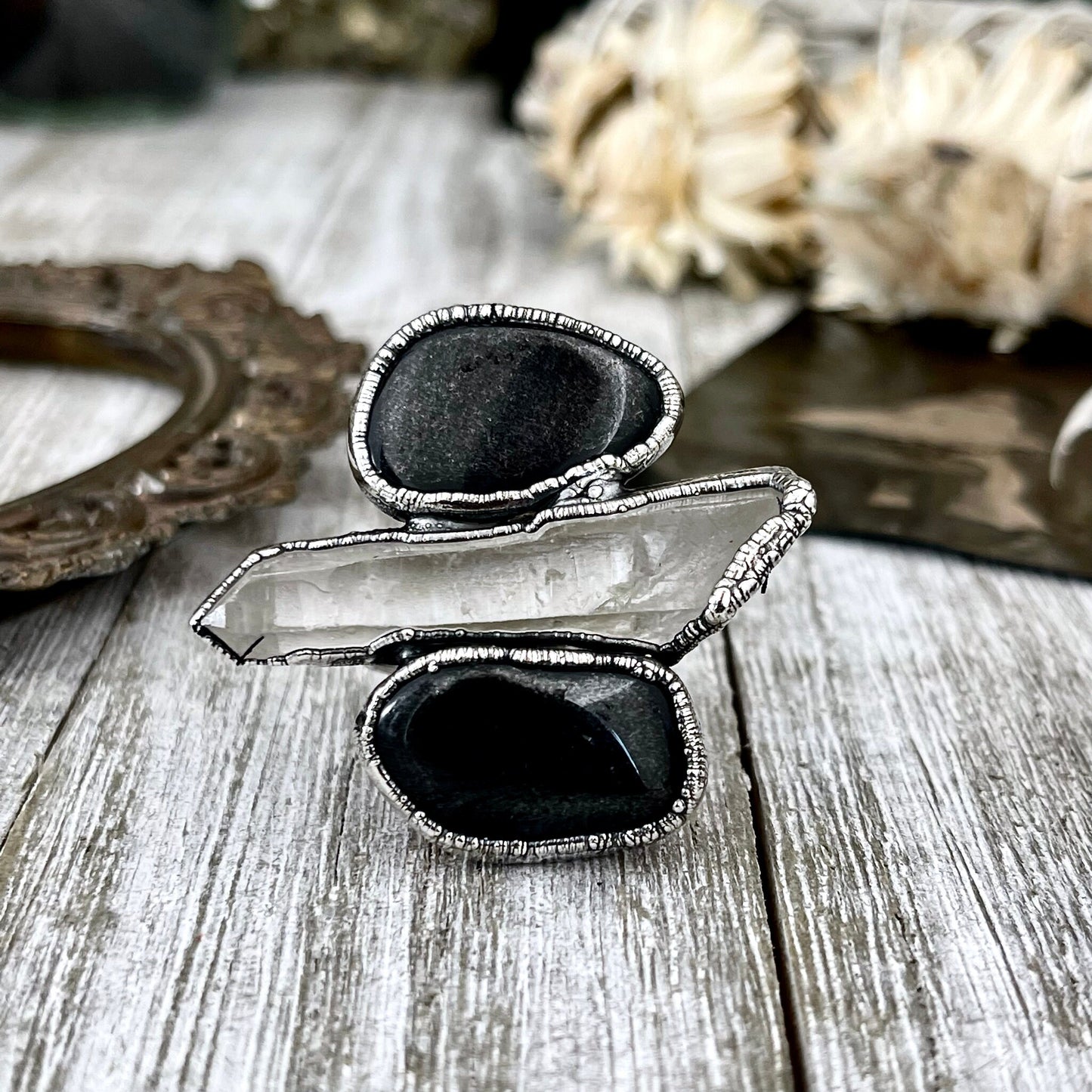 Size 9 Crystal Ring - Three Stone Ring Black Onyx Clear Raw Quartz Ring in Silver / Foxlark Collection - One of a Kind / Big Crystal Jewelry