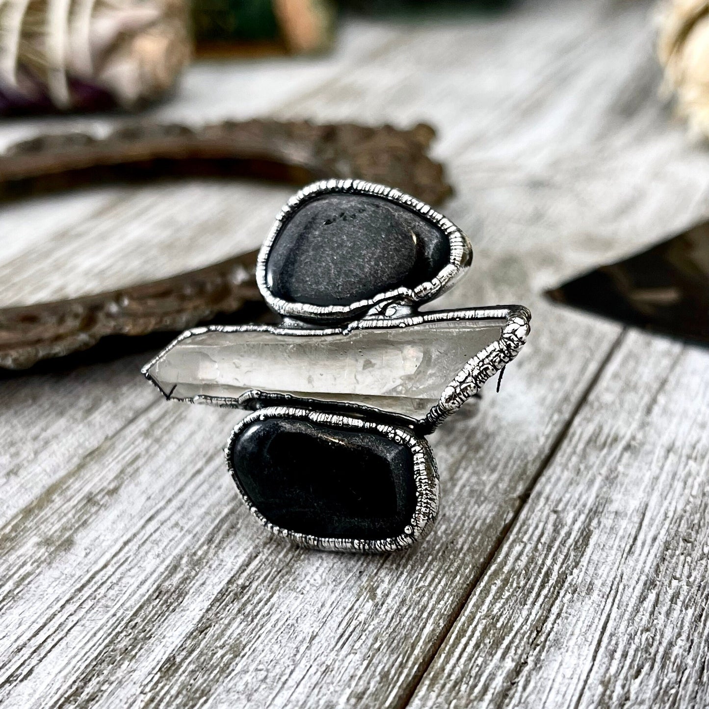 Size 9 Crystal Ring - Three Stone Ring Black Onyx Clear Raw Quartz Ring in Silver / Foxlark Collection - One of a Kind / Big Crystal Jewelry