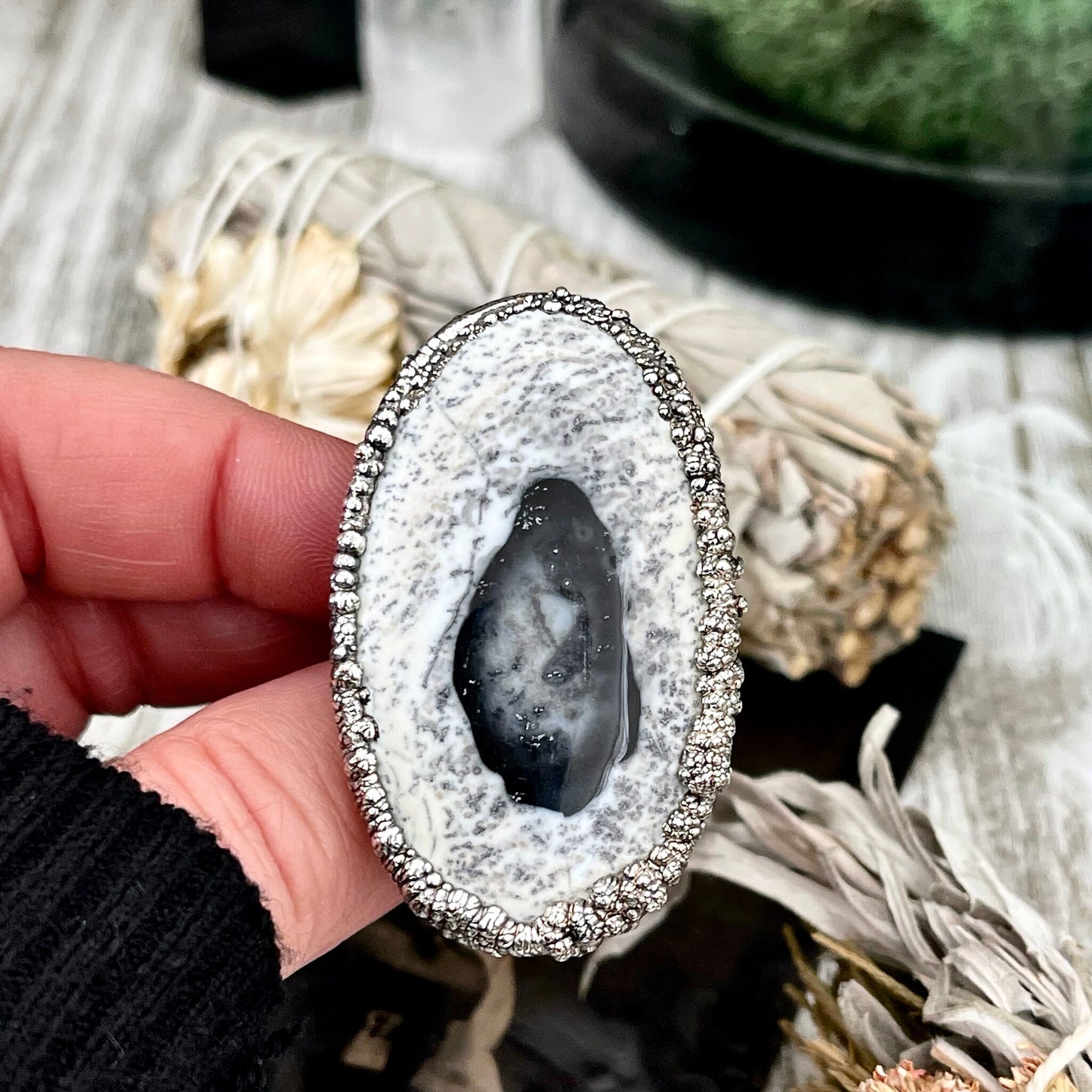 Size 7 Dendritic Agate Large Crystal Ring in Fine Silver / Foxlark Collection - One of a Kind / Big Crystal Ring Witchy Jewelry