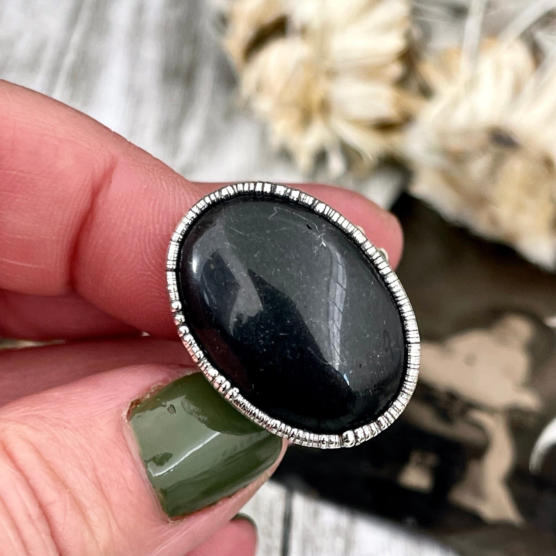 Natural Black Onyx Ring in Fine Silver Size 6 7 / Large Crystal Ring - Black Stone Ring - Silver Crystal Ring - Bohemian Jewelry