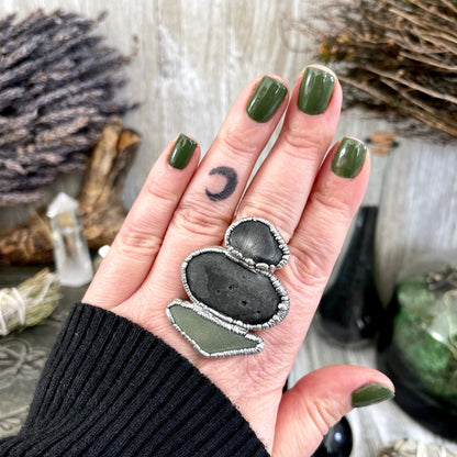 Size 10 Three Stone Ring- Tourmaline Quartz River Rock Sea Glass Crystal Ring Fine Silver / Foxlark Collection - One of a Kind / Jewelry