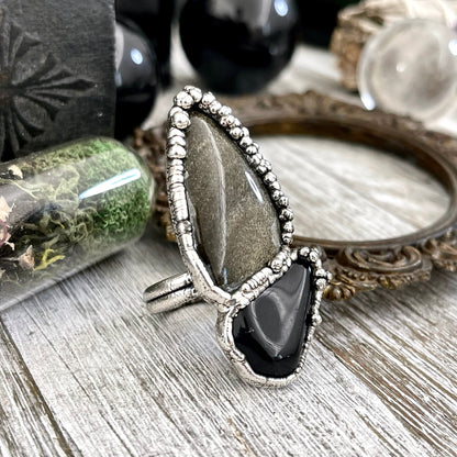 Size 9.5 Two Stone Ring- Golden Sheen Black Onyx Crystal Ring Fine Silver / Foxlark Collection - One of a Kind / Statement Jewelry
