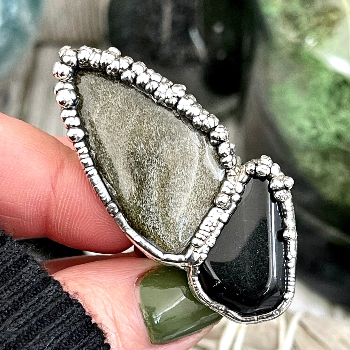 Size 9.5 Two Stone Ring- Golden Sheen Black Onyx Crystal Ring Fine Silver / Foxlark Collection - One of a Kind / Statement Jewelry