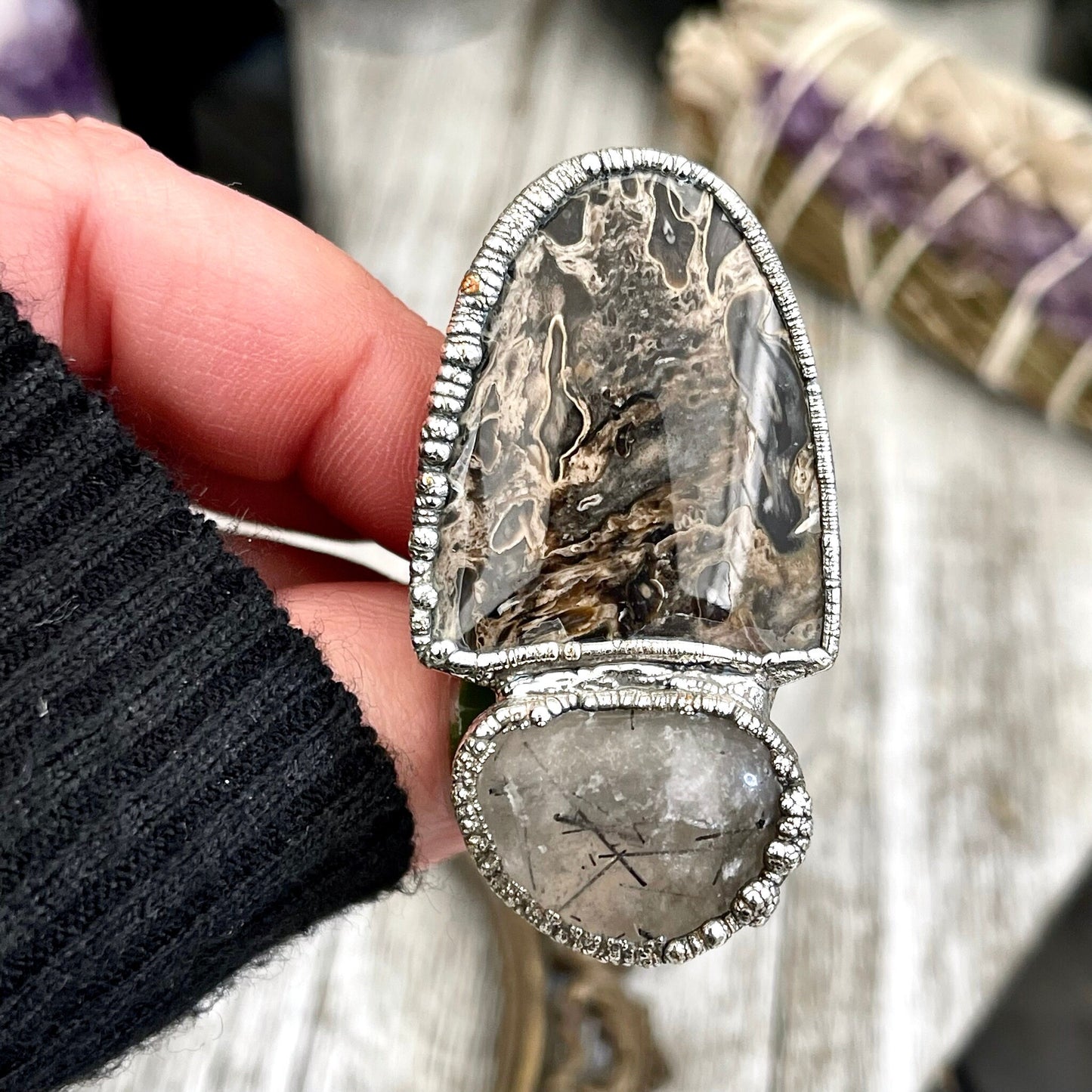 Size 10 Two Stone Ring- Palm Root Tourmaline Quartz Crystal Ring Fine Silver / Foxlark Collection - One of a Kind / Statement Jewelry