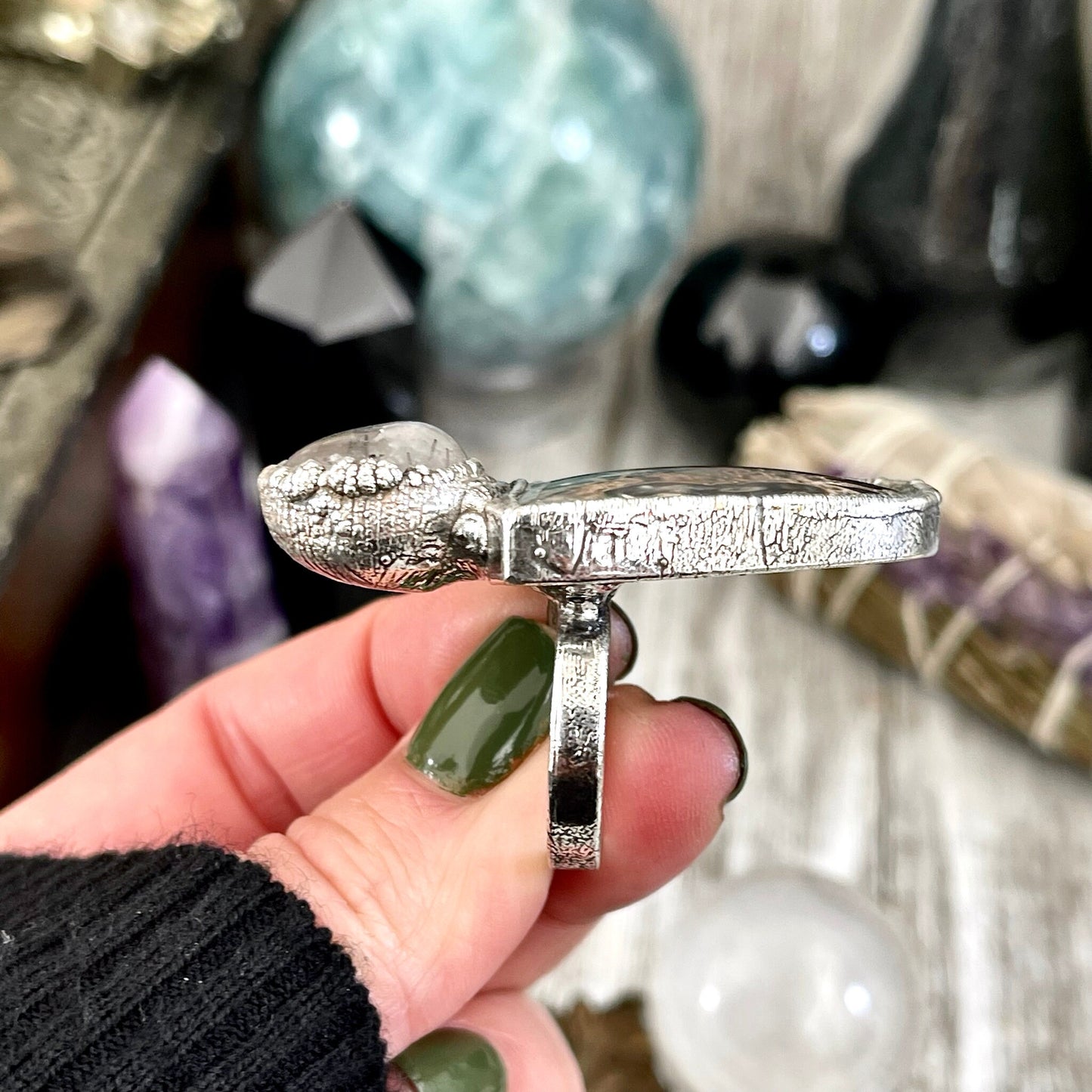 Size 10 Two Stone Ring- Palm Root Tourmaline Quartz Crystal Ring Fine Silver / Foxlark Collection - One of a Kind / Statement Jewelry