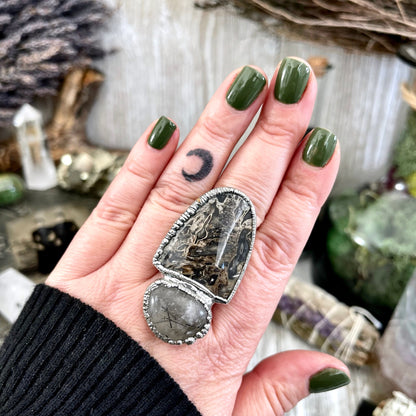 Size 10 Two Stone Ring- Palm Root Tourmaline Quartz Crystal Ring Fine Silver / Foxlark Collection - One of a Kind / Statement Jewelry