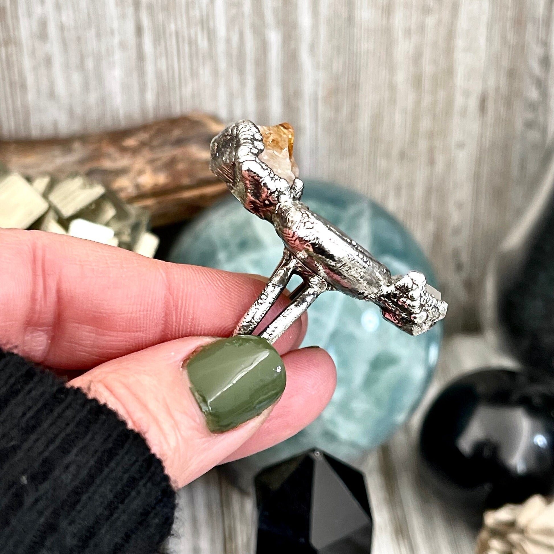 Size 7.5 Three Stone Ring- Citrine Clear Quartz River Rock Crystal Ring Fine Silver / Foxlark Collection - One of a Kind / Statement Jewelry