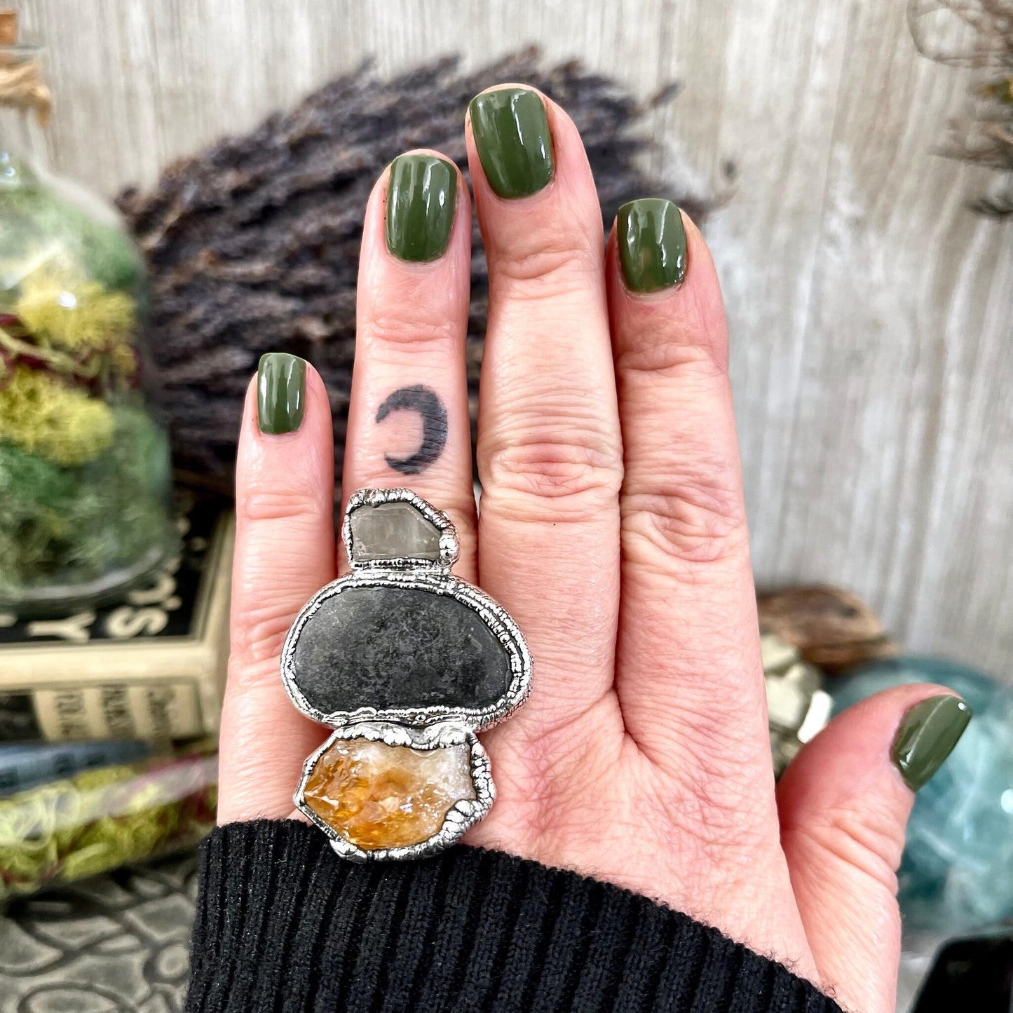 Size 7.5 Three Stone Ring- Citrine Clear Quartz River Rock Crystal Ring Fine Silver / Foxlark Collection - One of a Kind / Statement Jewelry