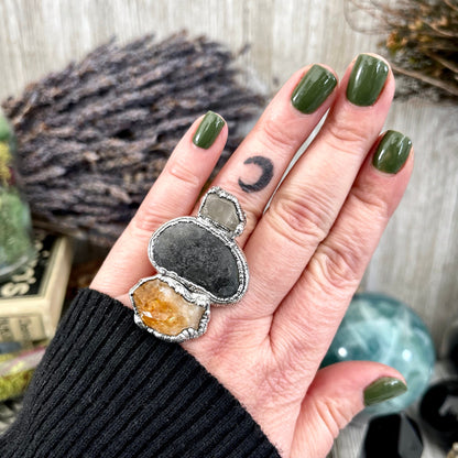 Size 7.5 Three Stone Ring- Citrine Clear Quartz River Rock Crystal Ring Fine Silver / Foxlark Collection - One of a Kind / Statement Jewelry