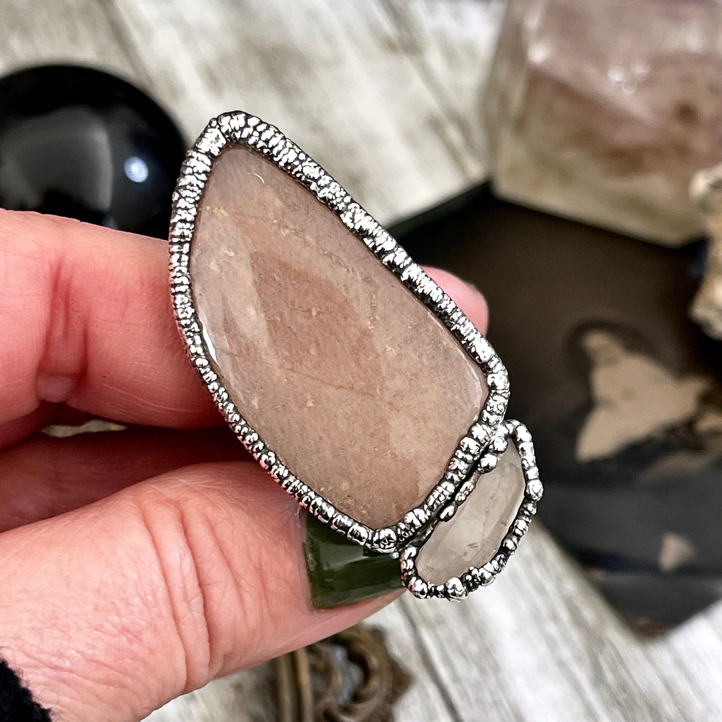 Size 10 Two Stone Ring- Peach Moonstone Clear Quartz Crystal Ring Fine Silver / Foxlark Collection - One of a Kind / Statement Jewelry