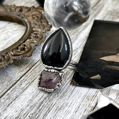 Size 8.5 Two Stone Ring- Black Onyx Purple Raw Amethyst Crystal Ring Fine Silver / Foxlark Collection - One of a Kind / Statement Jewelry