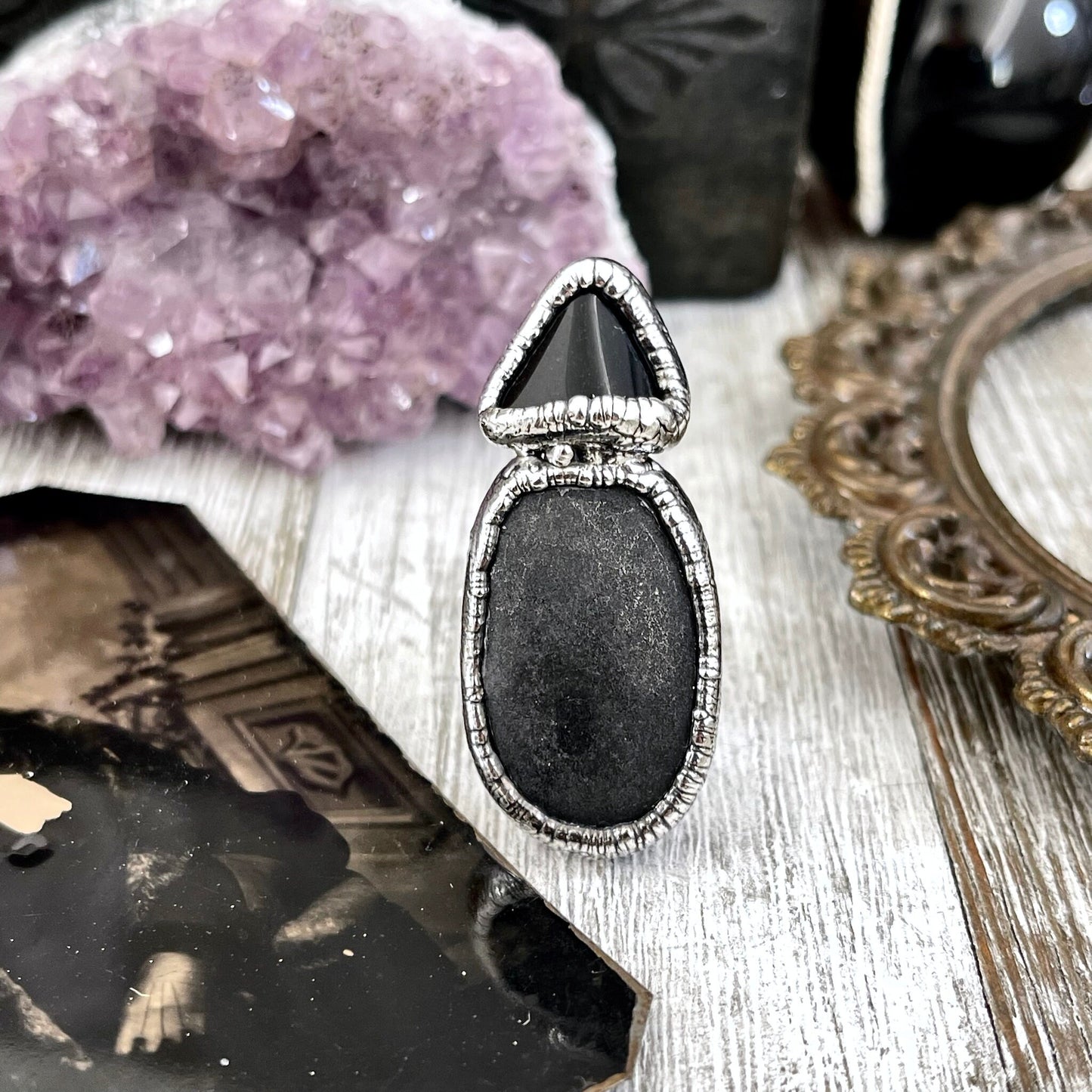 Size 6 Two Stone Ring- Black Onyx River Rock Crystal Ring Fine Silver / Foxlark Collection - One of a Kind / Big Statement Jewelry