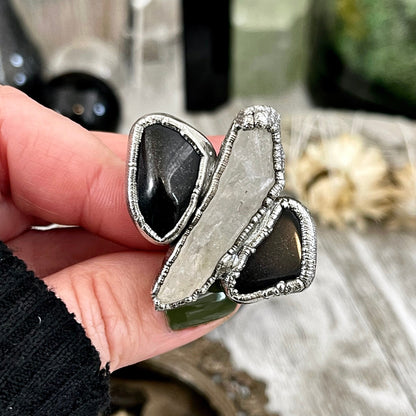 Size 8.5 Crystal Ring - Three Stone Ring Black Onyx Raw Clear Quartz Silver Ring / Foxlark Collection - One of a Kind / Big Crystal Jewelry