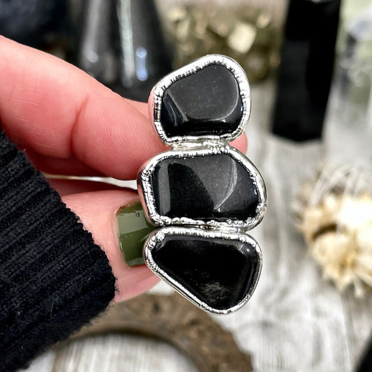 Size 8 Crystal Ring - Three Stone Ring Black Onyx Ring in Silver / Foxlark Collection - One of a Kind / Big Crystal Jewelry Goth Witchy Ring