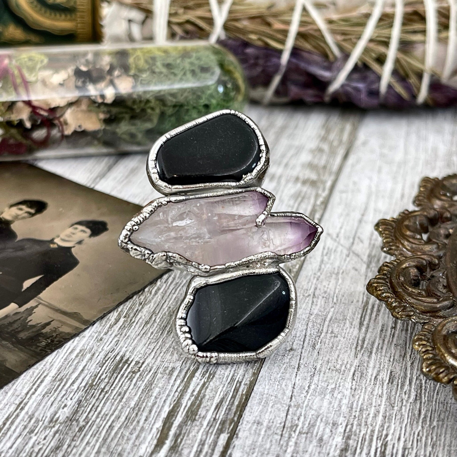 Size 7 Crystal Ring - Three Stone Black Onyx Purple Veracruz Amethyst Silver Ring / Foxlark Collection - One of a Kind / Big Crystal Jewelry