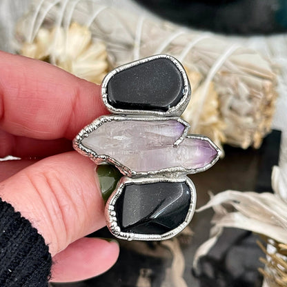 Size 7 Crystal Ring - Three Stone Black Onyx Purple Veracruz Amethyst Silver Ring / Foxlark Collection - One of a Kind / Big Crystal Jewelry