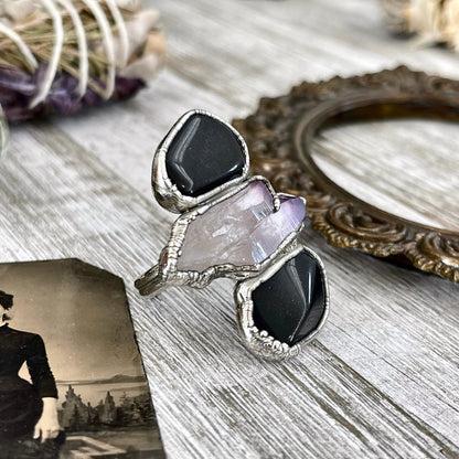 Size 7 Crystal Ring - Three Stone Black Onyx Purple Veracruz Amethyst Silver Ring / Foxlark Collection - One of a Kind / Big Crystal Jewelry