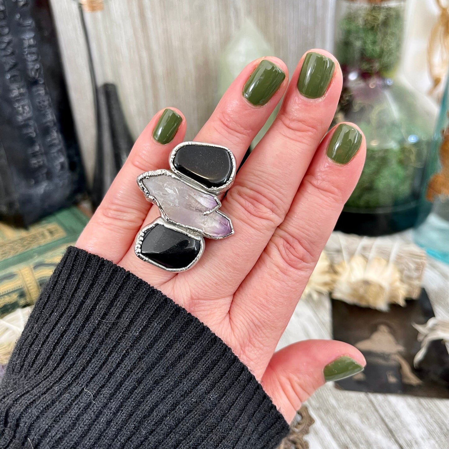 Size 7 Crystal Ring - Three Stone Black Onyx Purple Veracruz Amethyst Silver Ring / Foxlark Collection - One of a Kind / Big Crystal Jewelry