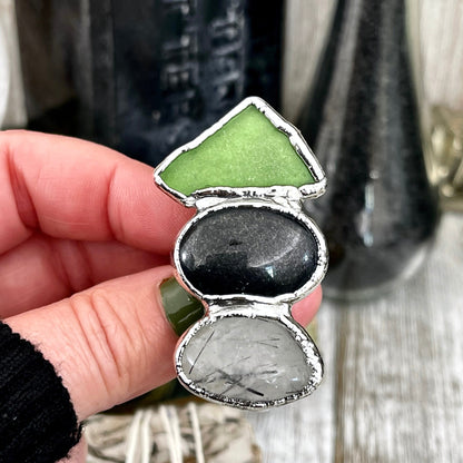 Size 8 Crystal Ring - Three Stone Black Onyx Sea Glass Tourmaline Quartz Ring Sliver / Foxlark Collection - One of a Kind / Crystal Jewelry