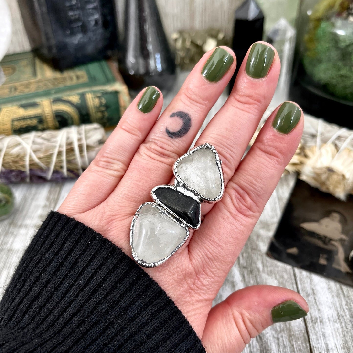 Size 8.5 Crystal Ring - Three Stone Black Onyx Clear Quartz Ring in Silver / Foxlark Collection - One of a Kind / Big Boho Crystal Jewelry