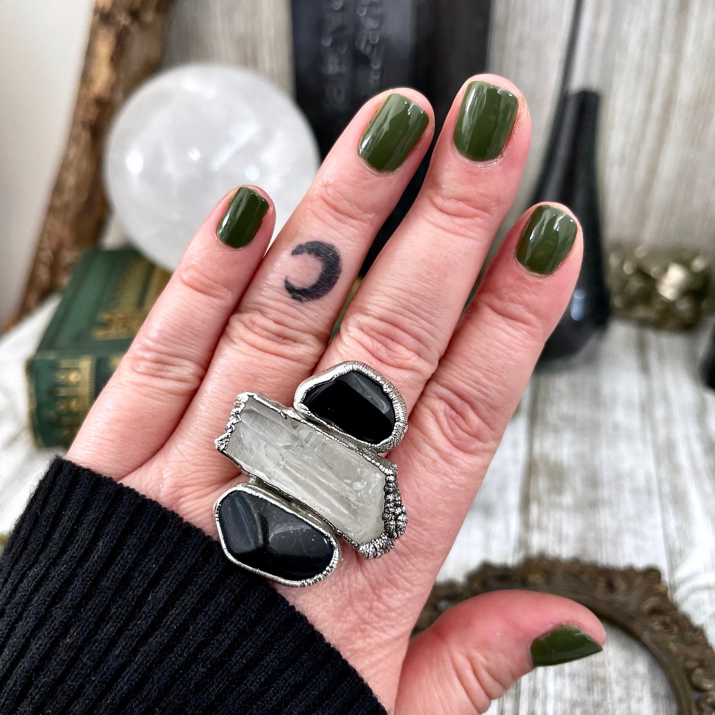 Size 10 Crystal Ring - Three Stone Ring Black Onyx Raw Clear Quartz Ring Silver / Foxlark Collection - One of a Kind / Big Crystal Jewelry