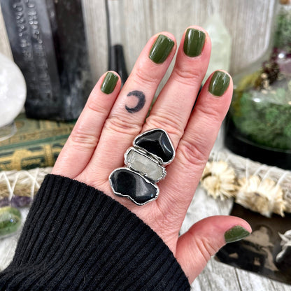 Size 8 Crystal Ring - Three Stone Black Onyx Clear Quartz Ring in Silver / Foxlark Collection - One of a Kind / Big Witchy Crystal Jewelry