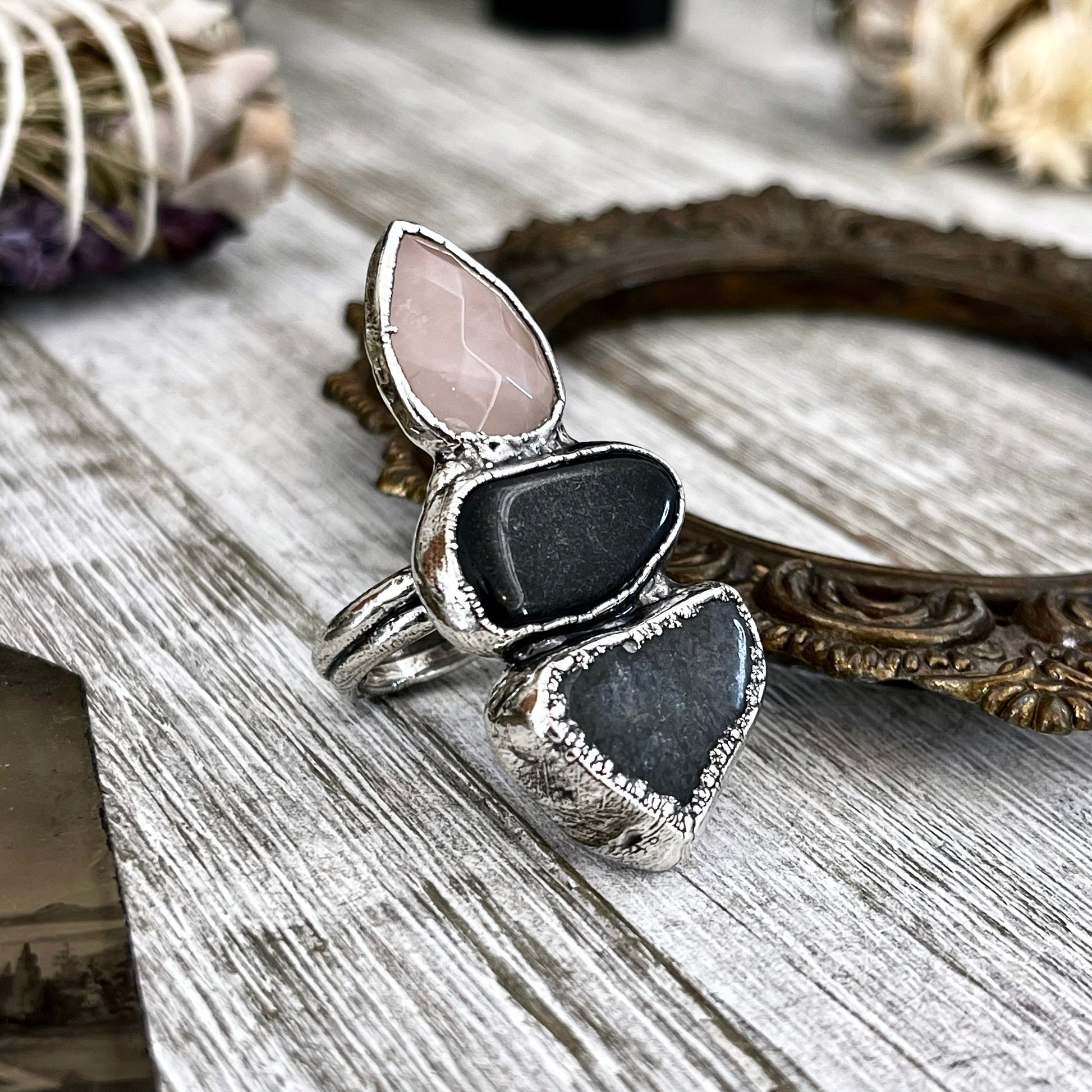 Size 6 Crystal Ring - Three Stone Ring Black Onyx Rose Quartz Moss Agate Ring Silver / Foxlark Collection - One of a Kind / Crystal Jewelry