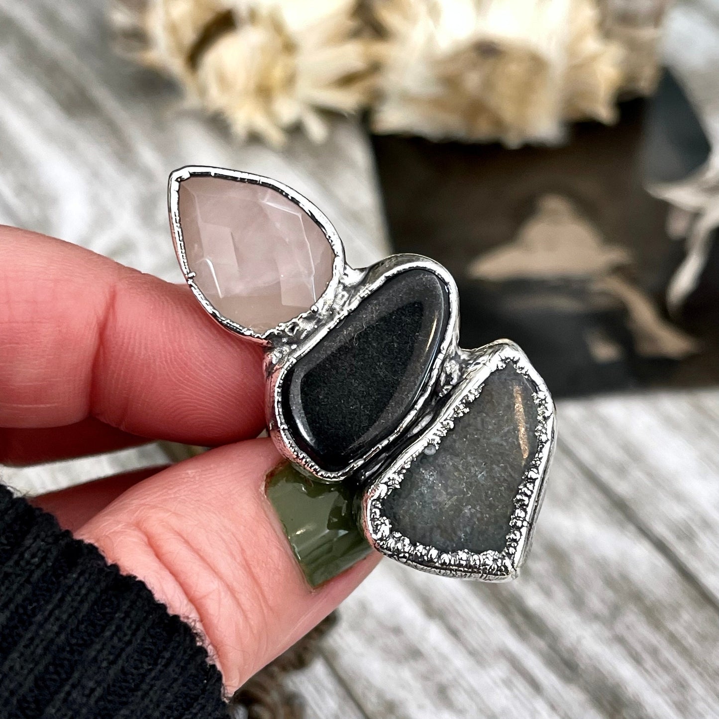 Size 6 Crystal Ring - Three Stone Ring Black Onyx Rose Quartz Moss Agate Ring Silver / Foxlark Collection - One of a Kind / Crystal Jewelry