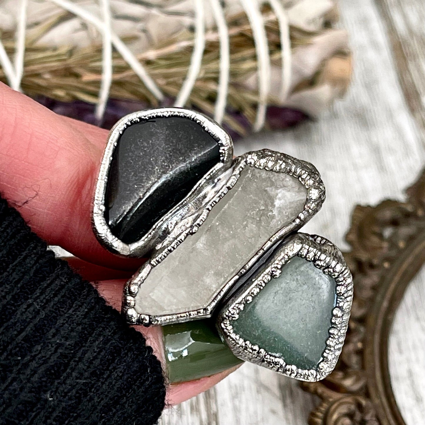 Size 7 Crystal Ring - Three Stone Black Onyx Aventurine Raw Quartz Ring in Silver / Foxlark Collection - One of a Kind / Crystal Jewelry