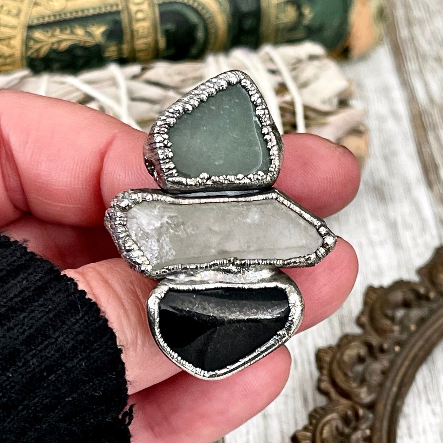 Size 7 Crystal Ring - Three Stone Black Onyx Aventurine Raw Quartz Ring in Silver / Foxlark Collection - One of a Kind / Crystal Jewelry