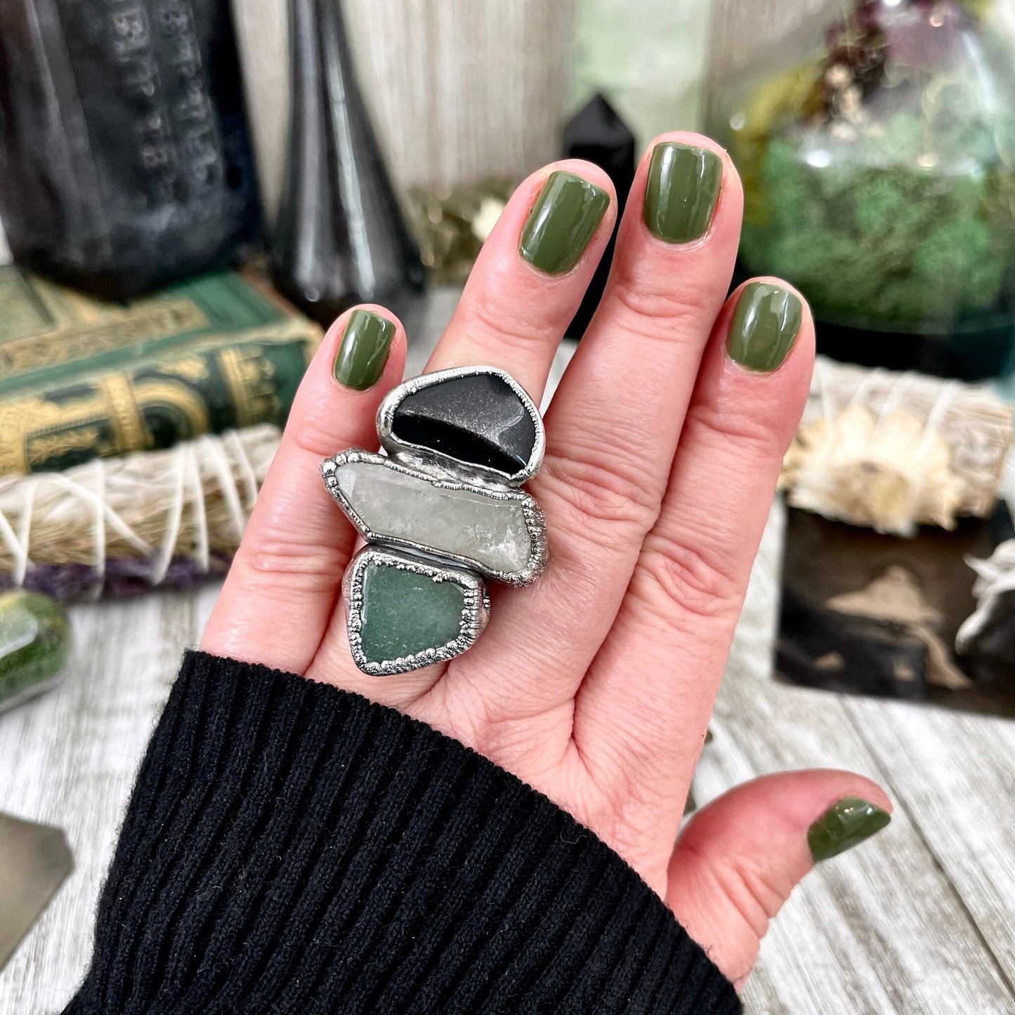 Size 7 Crystal Ring - Three Stone Black Onyx Aventurine Raw Quartz Ring in Silver / Foxlark Collection - One of a Kind / Crystal Jewelry