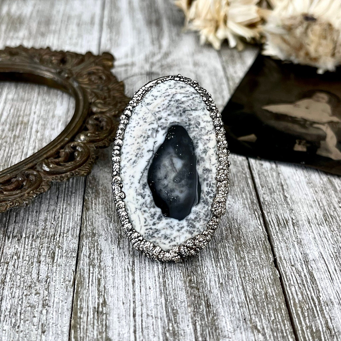 Size 7 Dendritic Agate Large Crystal Ring in Fine Silver / Foxlark Collection - One of a Kind / Big Crystal Ring Witchy Jewelry