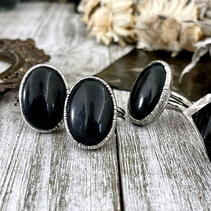 Natural Black Onyx Ring in Fine Silver Size 6 7 / Large Crystal Ring - Black Stone Ring - Silver Crystal Ring - Bohemian Jewelry