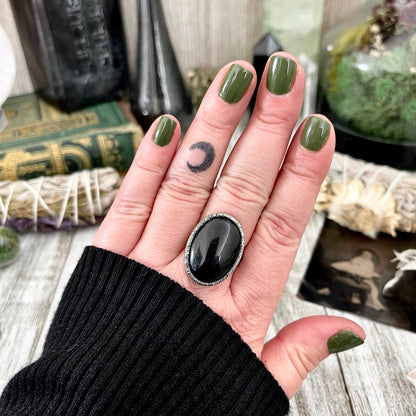 Natural Black Onyx Ring in Fine Silver Size 6 7 / Large Crystal Ring - Black Stone Ring - Silver Crystal Ring - Bohemian Jewelry